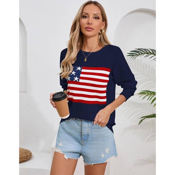 Women's American Flag Sweater Lightweight Long Sleeve Crew Neck Pullover - Picture 5 of 8